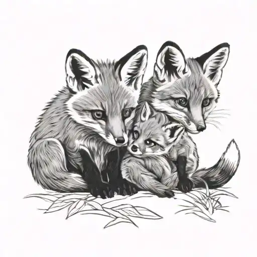 3 Fox Cubs Playing A Mum And Dad Fox Watching