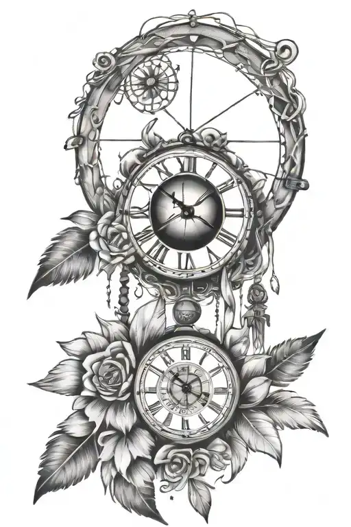Dream Catcher Entangled In A Beautiful Feathers And Flower's And A Clock