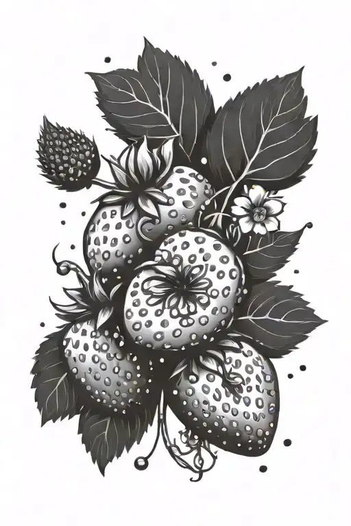 Three Strawberries With Little Flowers And Some Sparkles And Dotted Circle