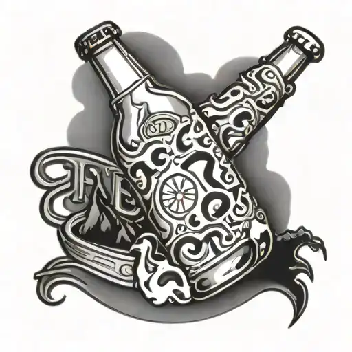 A Beer Bottle Shaped Like A Mountain With Music Notes And Pizza Slices Scattered Around It