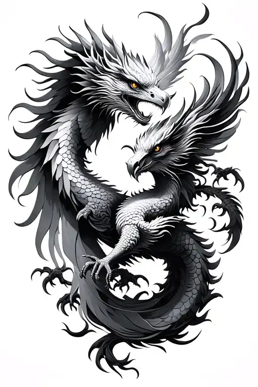Oriental Style Of A Dragon And Phoenix Intertwined But Looking At Each Other