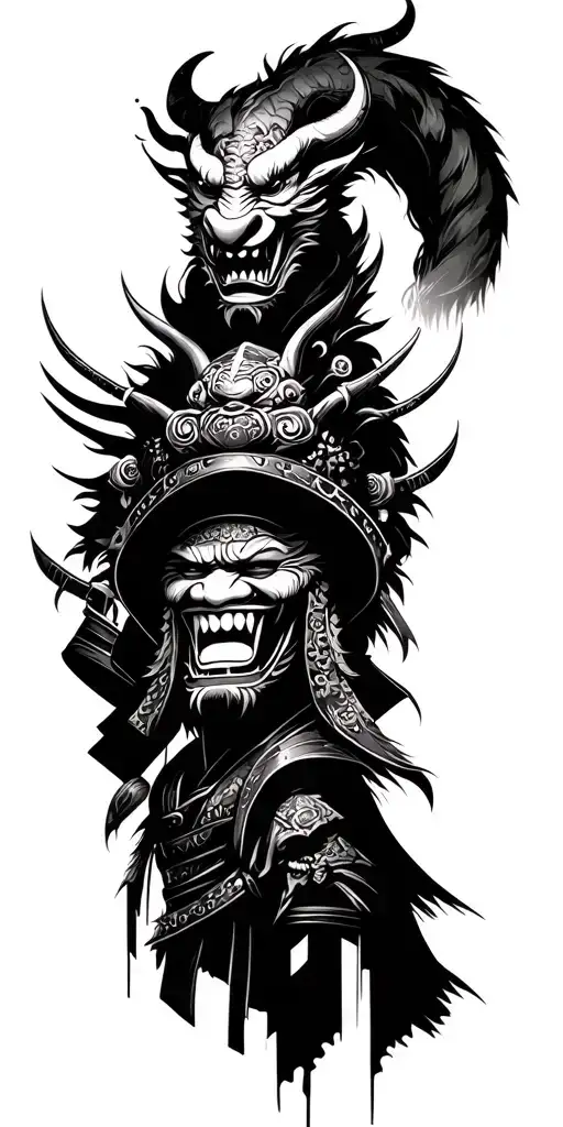 Japanese Style Oni Demon Mask And Samurai Warrior Surrounded