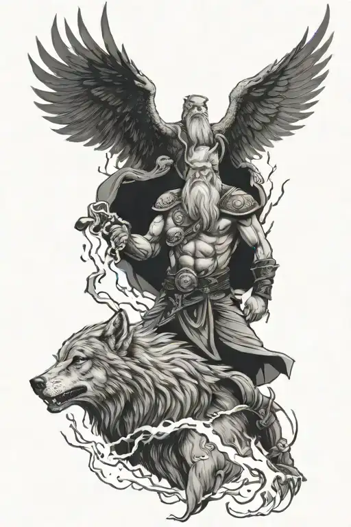 Odin And Wolf With Lightning Storm
