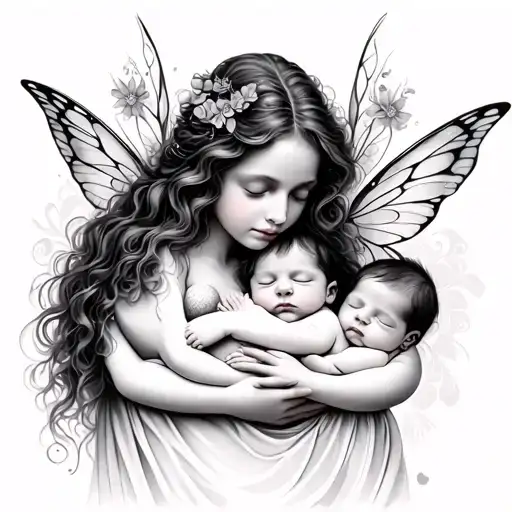 Fairy Mother Holding Two Babies Sleeping