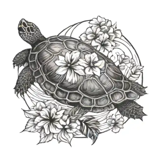 Full Moon And Turtle With Hibiscus Flower