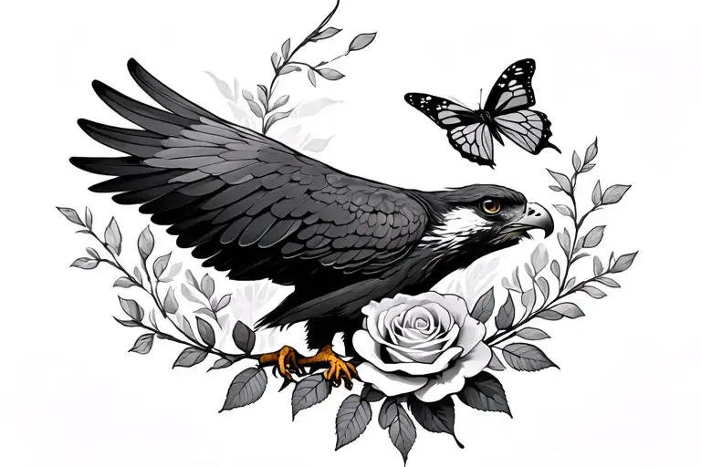 Hawk With A Rose And Butterfly