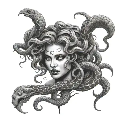 Medusa With Bold Eyes And Snakes Covering Enitre Mouth