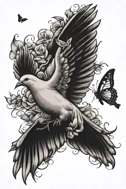 Dove And Butterflies Flying