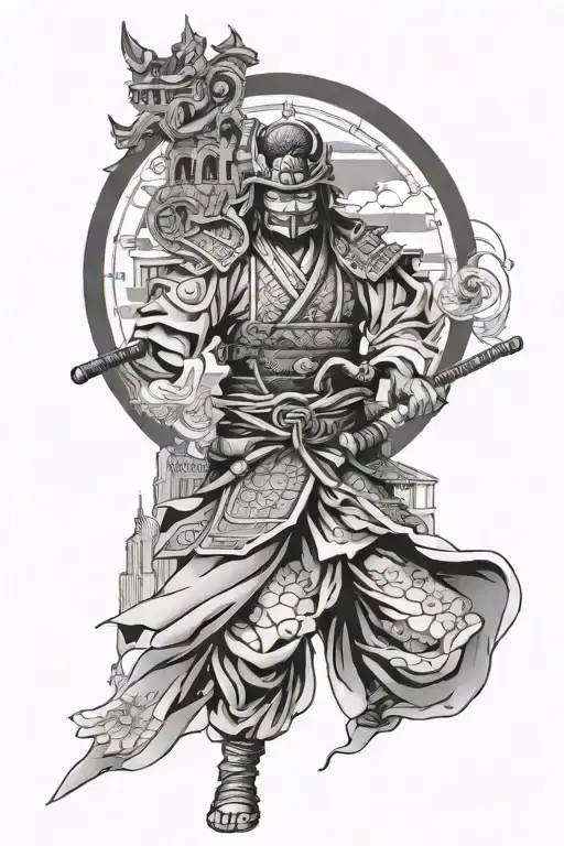 Samurai In A Hanya Mask Against A Background Of Architecture With A Black And White Clock