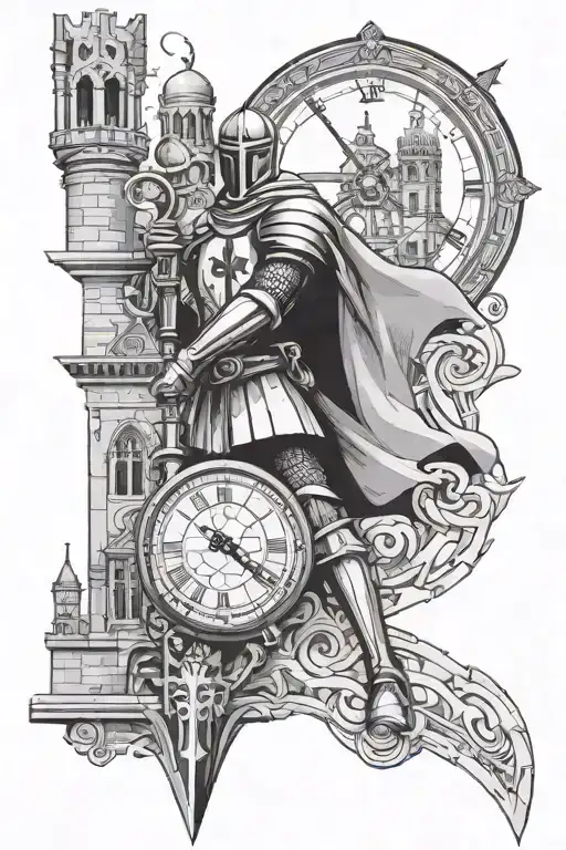 Knight Templar On A Background Of Architecture With A Clock Black And White