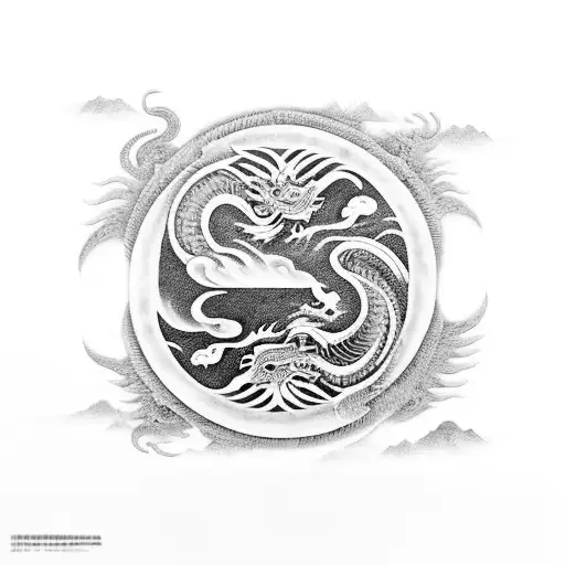 Chinese Dragons Making Up The Yin And Yang With Traditional Chinese Skyline