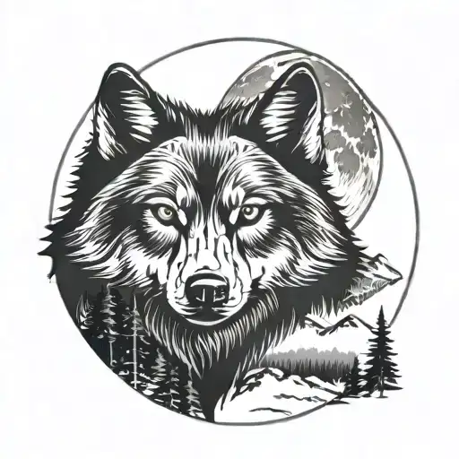 Design A Tattoo With A Wolf Along With Forest Mountain Moon And Compass