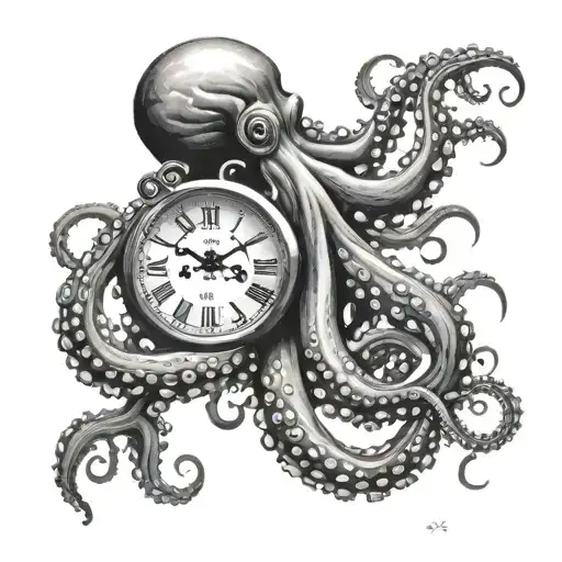 Octopus And Clock Arm Tattoo Black And White Realism