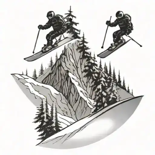 Silhouettes Of 2 Skiers And 2 Snowboarders Going Down A Mountain