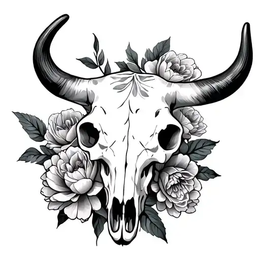 Cow Skull With Peonies Growing