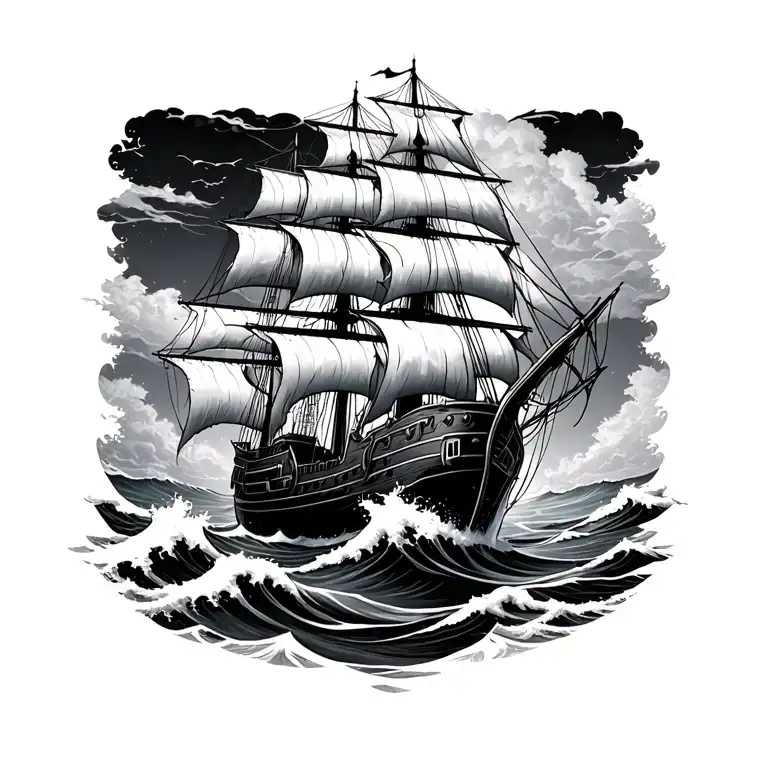 A Tall Black Mysterious Ship Cresting On A White Wave With Overgrown Foliage On Its Sails