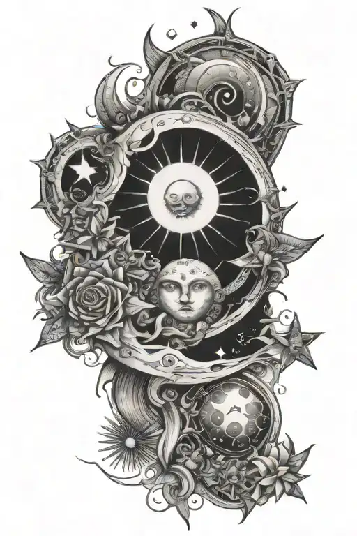 Sun Moon And Stars Sleeve Tattoo Featuring