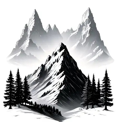 Two Mountain Peaks Representing Parents And Three Pine Trees Representing Children All Symmetrical