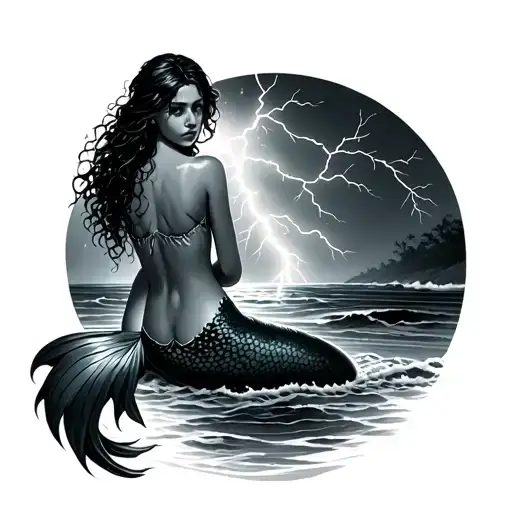 Mermaid Sitting On Shore Looking At Lightning In The Distant Ocean