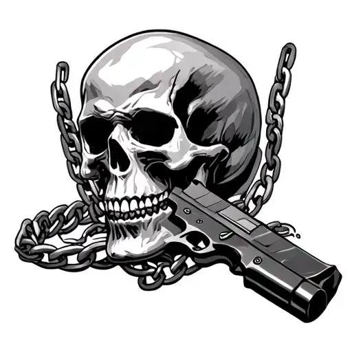 Skull With Chain Around It Next To Gun