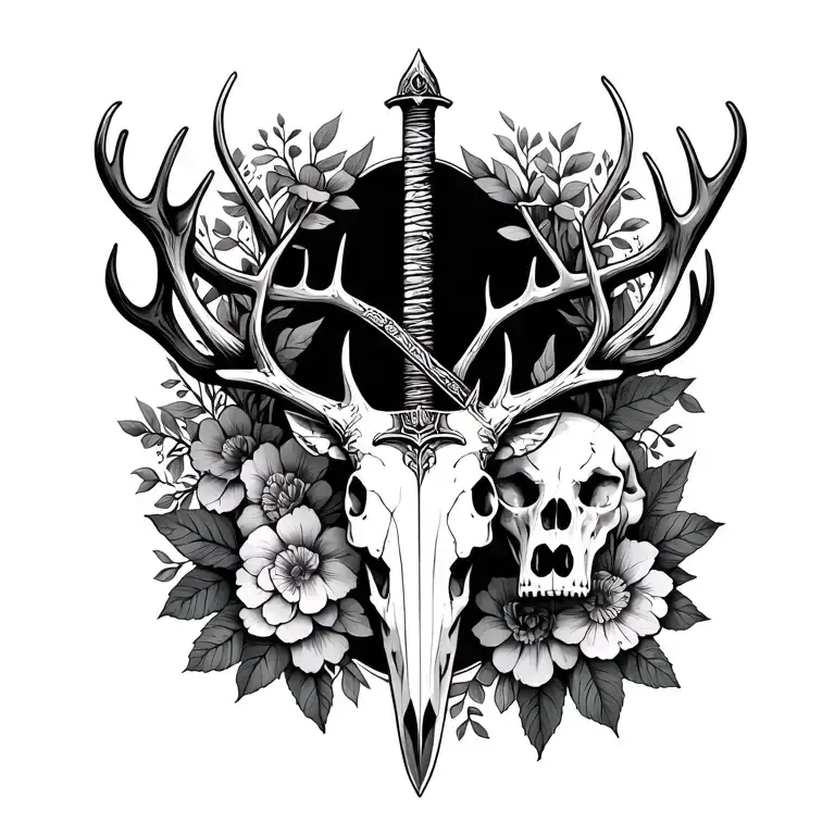 Knights Sword Going Through Deer Skull With Flowers Background