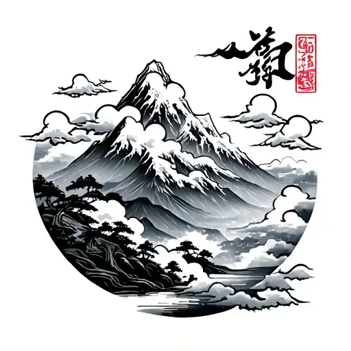 Mountain And Clouds In Traditional Japanese Style