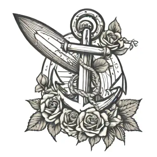 Anchor With Rose And Surfboard