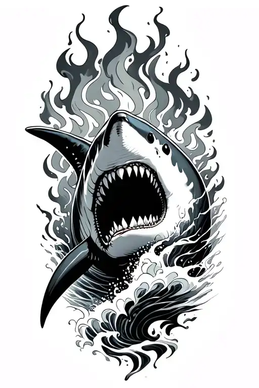 Shark With Waves And Fire Coming