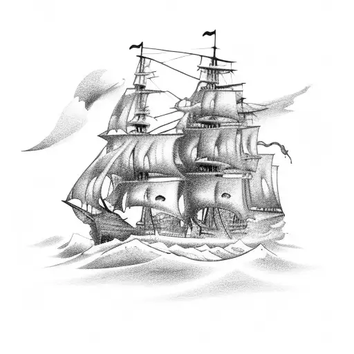 Pirate Sailing Ship On A Stormy Sea With Lightining And Ragged Sails