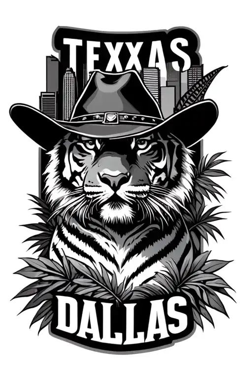 Tiger And Dallas Skyline With Jungle Leaves And State Of Texas Wearing A Cowboy Hat