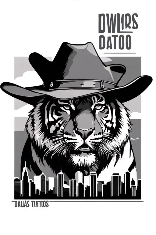Tiger Wearing A Cowboy Hat With Dallas Skyline
