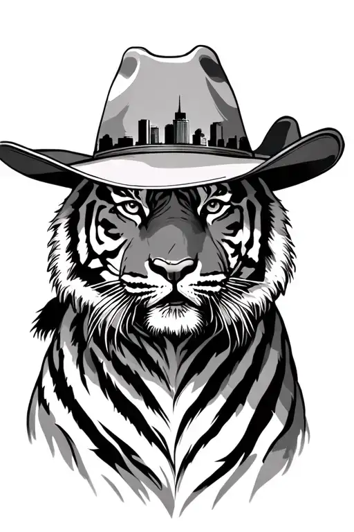 Tiger Wearing A Cowboy Hat With Dallas Skyline