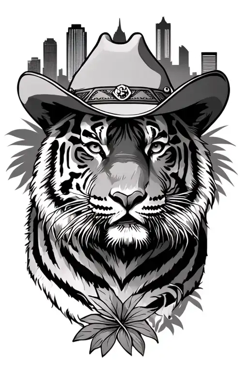 Tiger Wearing A Cowboy Hat With Jungle Leaves With The Dallas Skyline Half Sleeve Tatoo Design