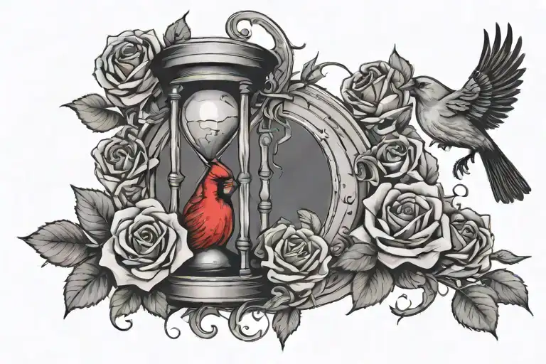Broken Hourglass With Red Cardinals And Roses