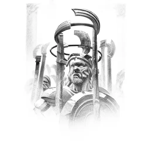 12 Pillars With 2 Broken Held Up By A Spartan With A Band At Top And Bottom