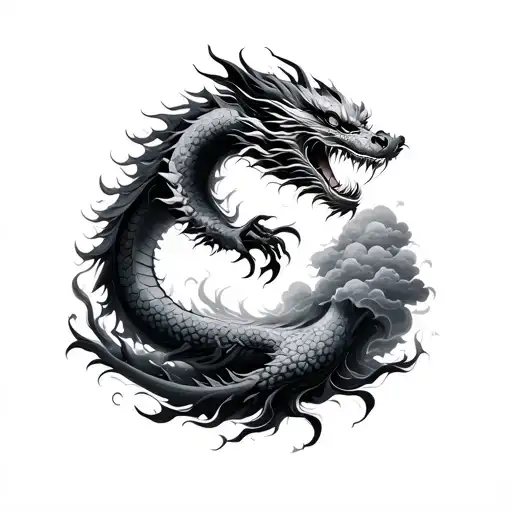 Chinese Dragon That Descends To The Clouds In The Circle Of Hand