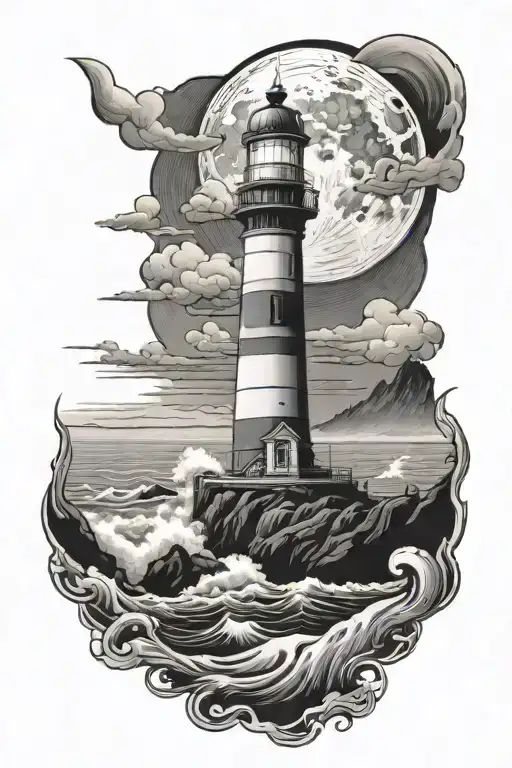 Lighthouse By The Ocean With Moon