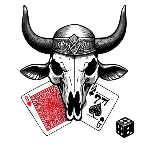 Western Bull Skull With Playing Cards Behind It And 777 And Dice