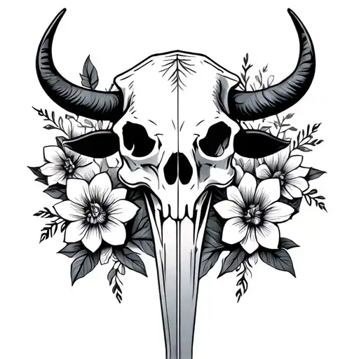 Sword Cow Skull With Flowers Surrounding