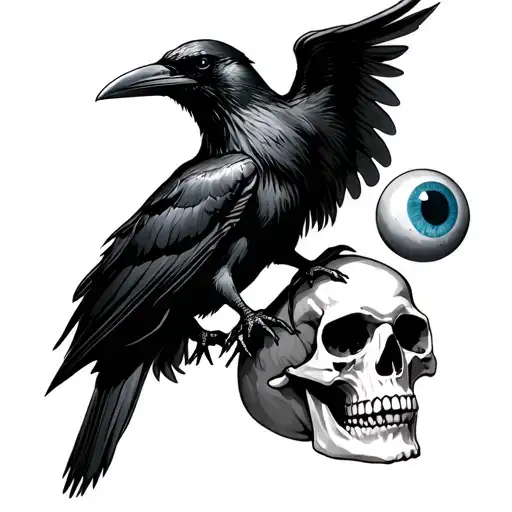 Raven Holding Eyeball Standing On A Skull