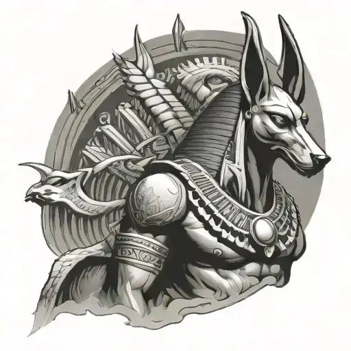 Egyptian God Anubis Standing By Pyramids