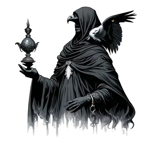 Cloaked Figure Holding Genie Lamp With Hawk