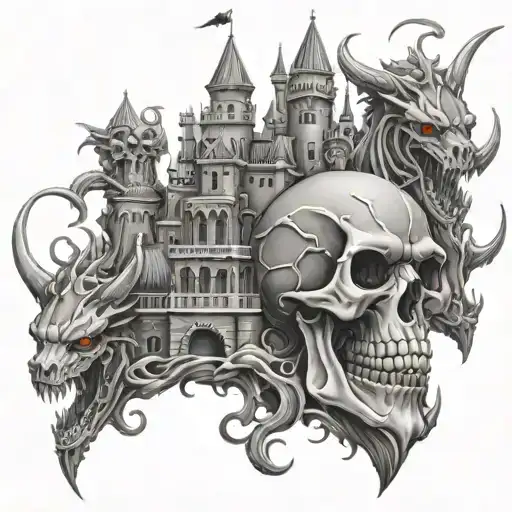 Grey Skull Castle With Dragons