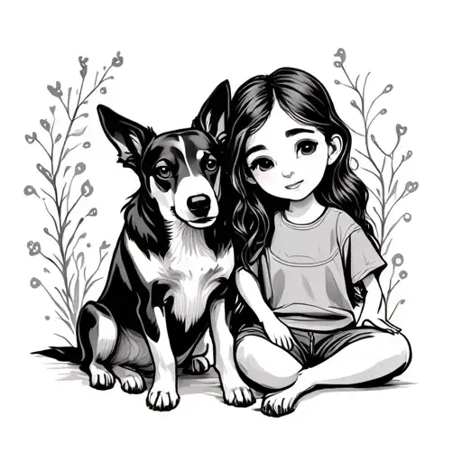 Dog And Girl Sitting Together Fine Line