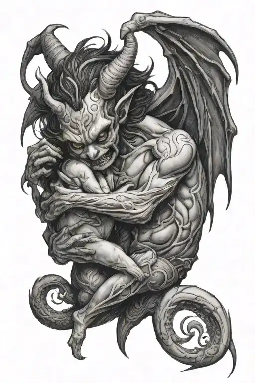 A Beautiful Demon Hugging Or Watching Over A Child