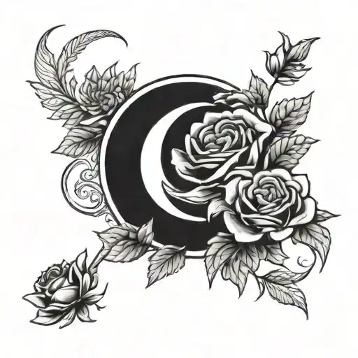 Simple Lineart Crescent Moon Behind Rose And Chrysanthemum On The Same Stem