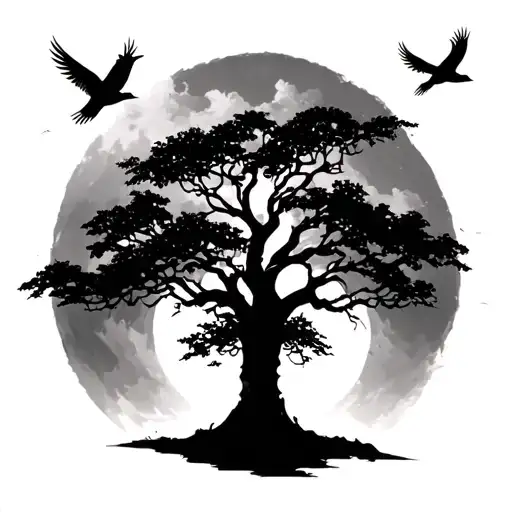 Bigpoison Tree With Birds Flying Towards Each Other