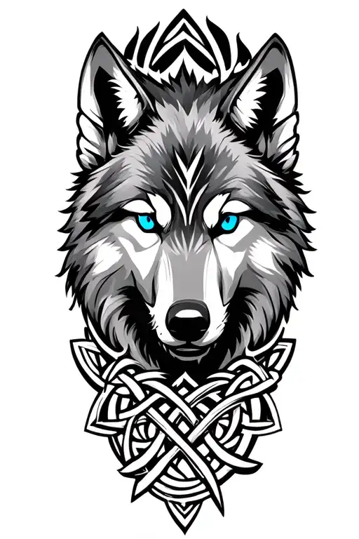 Wolf With Blue Eyes On Armor Tattoo Design Featuring Celtic Trinity Knot