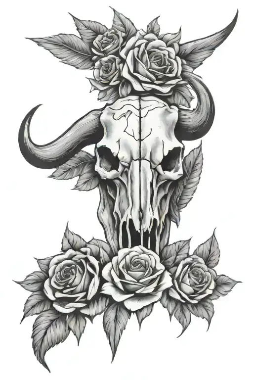 Bull Skull Feathers Roses And Sunflowers