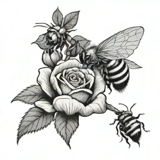 Bee Interacting With A Rose Blooming